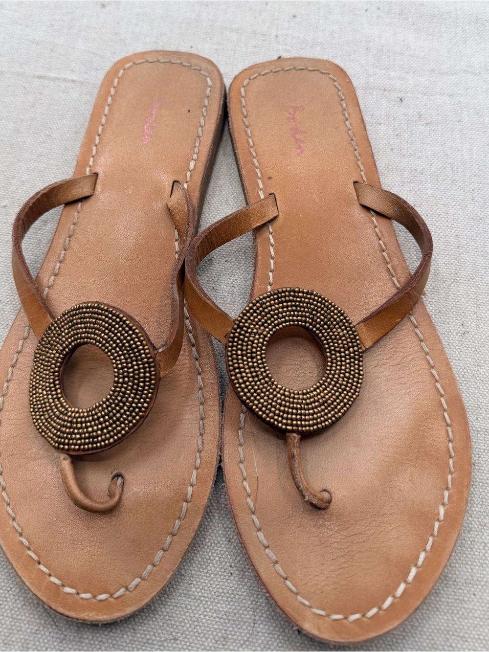 Biden Women’s Tan Leather Beaded Circle Toe-Post Sandals